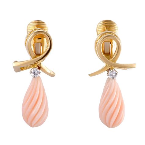 Tiffany and Co. Diamond and Coral Gold Teardrop Drop Earrings at 1stDibs