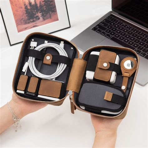 Travel Electronics Accessories Bag, Leather Cable Organizer, AirTag ...