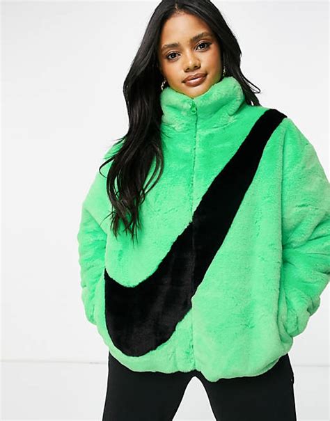 Nike Faux Fur Oversized Swoosh Jacket In Green Asos