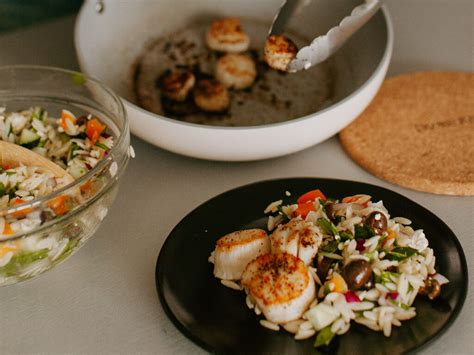 Seared Scallops With Mediterranean Orzo Salad Seafood Nutrition