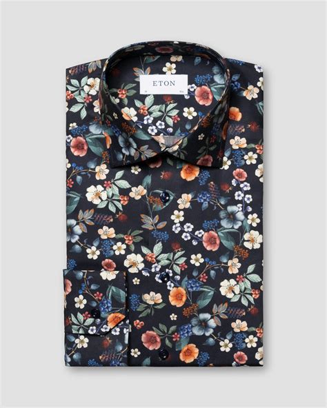 Navy Floral Print Signature Twill Shirt Eton