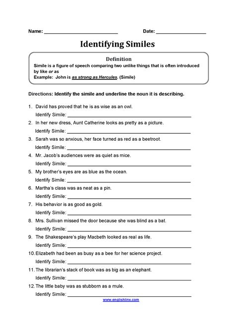 Figurative Language Worksheets Simile Worksheets