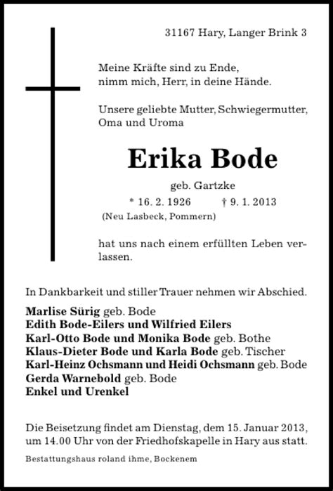 Traueranzeigen Von Erika Bode Trauerportal Hildesheimer Allgemeine