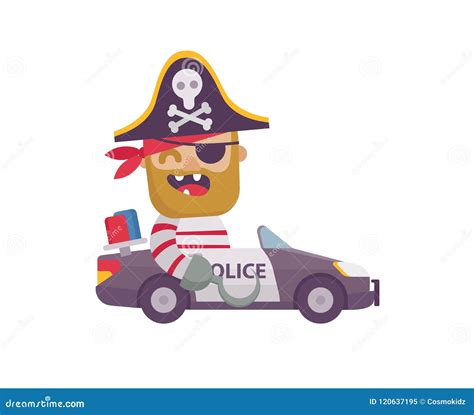 Pirate In A Police Car Flat Design Cartoon Style Stock Vector