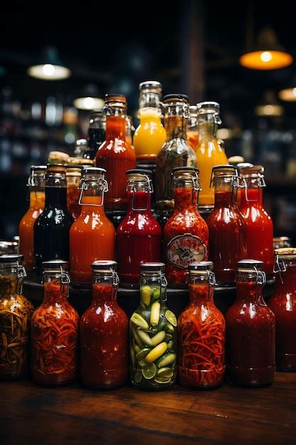 Premium Ai Image Packaging Photoshoot Of A Collection Of Hot Sauce Bottles Shot Headon With