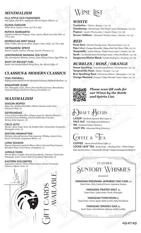 Menu at Kingfisher pub & bar, San Diego