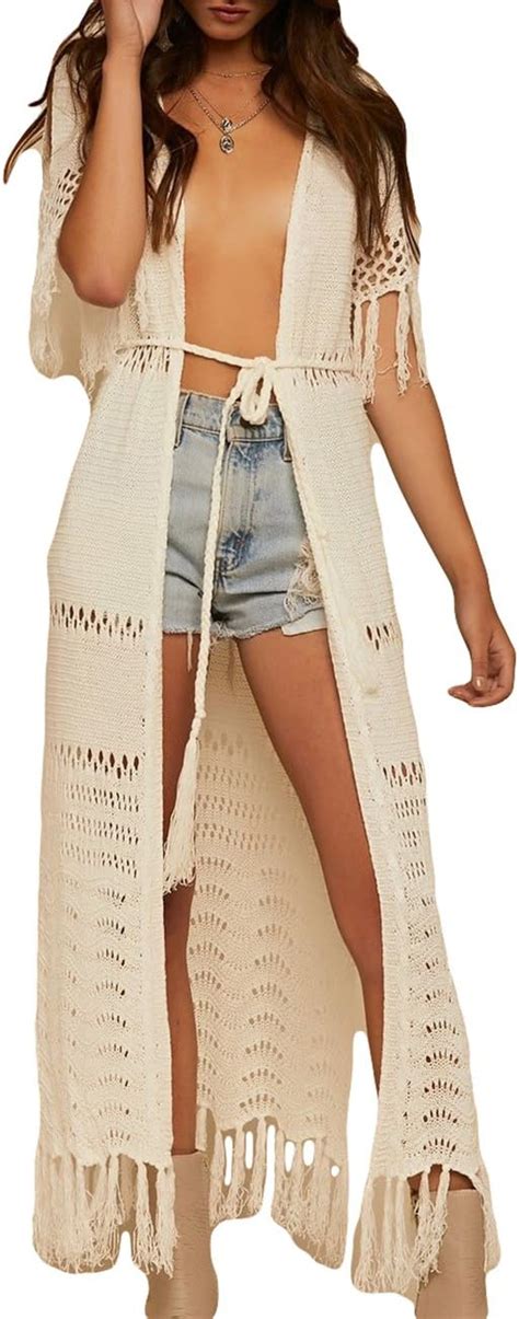 Bsubseach Sexy Beige Crochet Tassel Long Bikini Swimsuit Cover Ups For Women Hollow Out Swimwear