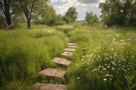 Premium Ai Image Pathway Through Peaceful Meadow With Stepping Stones