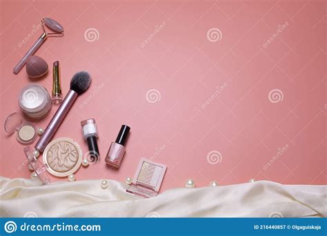 Pink Beauty Background With Facial Cosmetic Make Up Products Free Space For Text Copy Space