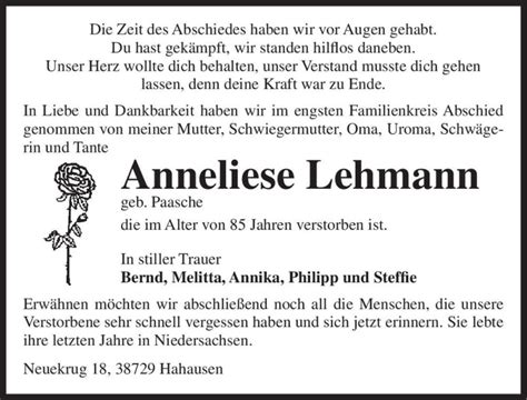 Traueranzeigen Von Anneliese Lehmann Geb Paasche Abschied