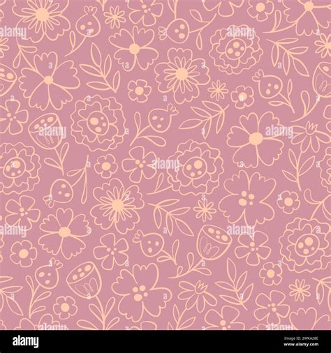 Floral Seamless Pattern In Warm Pink Tones Doodle Style Seamless