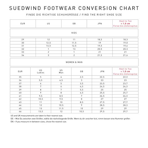 Footwear Conversion Chart Suedwind Download Printable Pdf