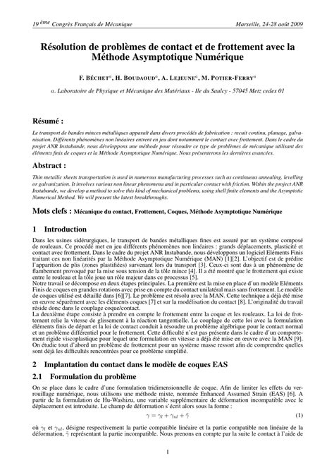 Pdf R Solution De Probl Mes De Contact Et De Frottement Avec La