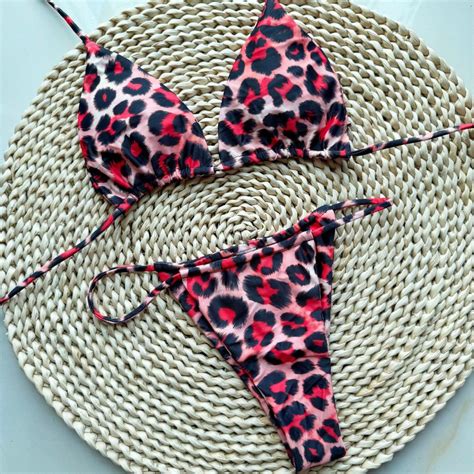 Nova cor sólida dupla face leopardo impressão cinta fina Sexy Split bikini maiô europeu