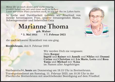 Traueranzeigen Von Marianne Thoma Augsburger Allgemeine Zeitung