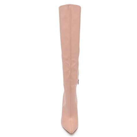 Stivale Alto Donna Beige Nude Ecopelle Lucida Effetto Calzino Con Tacco A Spillo Sottile Cm
