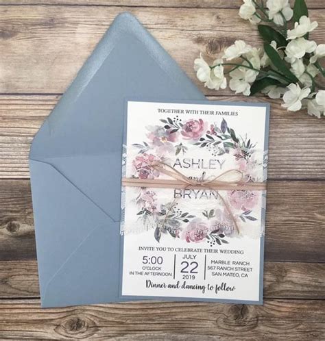 Dusty Blue And Mauve Wedding Invitation Dusty Blue Rose Invitation