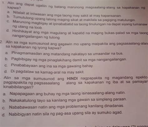 B Panuto Basahin At Intindihin Ang Bawat Tanong Isulat Ang Letra Ng