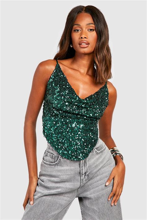 Khaki Sequin Cowl Corset Boohoo Uk