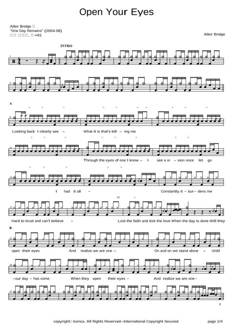 Open Your Eyes Arr Copydrum Sheet Music Alter Bridge Drums