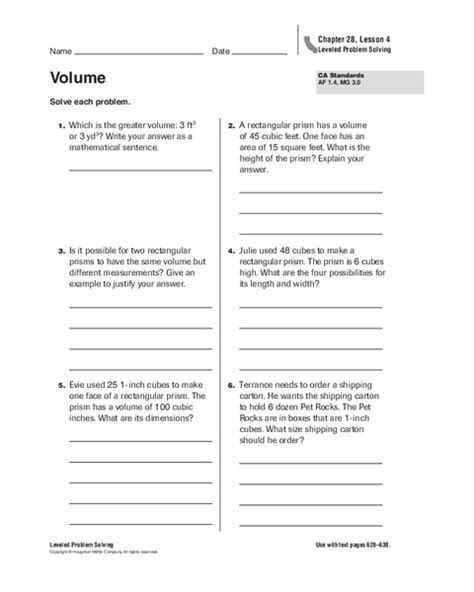 Volume Worksheet For 4th Grade