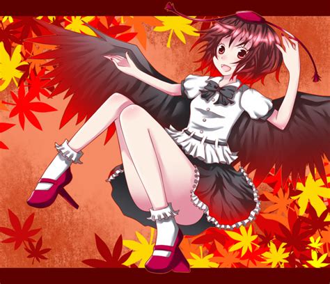 Safebooru Black Hair Black Wings Geta Hat Leaf Leaves Nail Polish Red