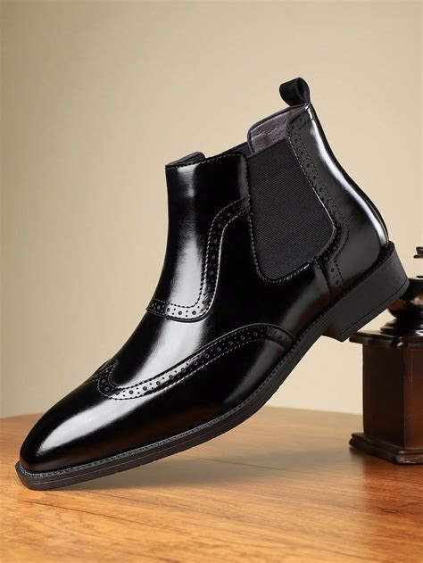 British Style Men Brogue Ankle Boots, Pointed Toe Leather Dress Boots