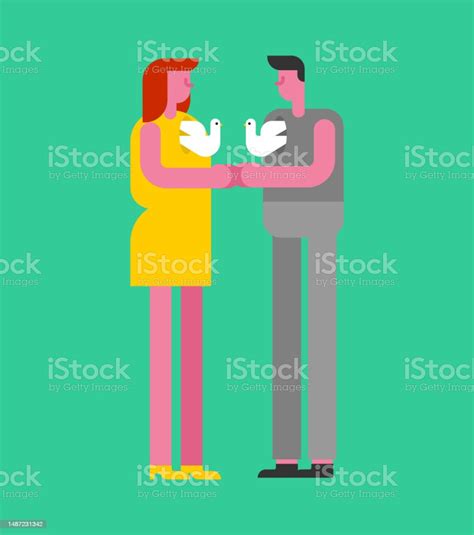 Couple Embraces Doves In Heart Free Love Concept Stock Illustration