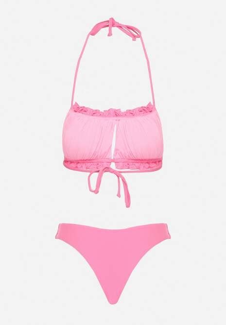 Różowe Bikini Majtki Figi Biustonosz z Wiązaniem Ozdobiony Marszczeniem