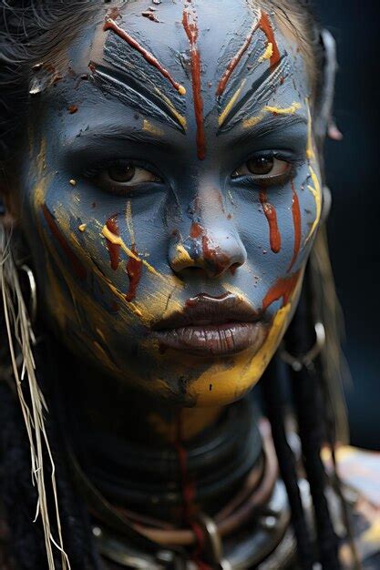 Premium AI Image A Woman With Blue And Yellow Paint On Her Face