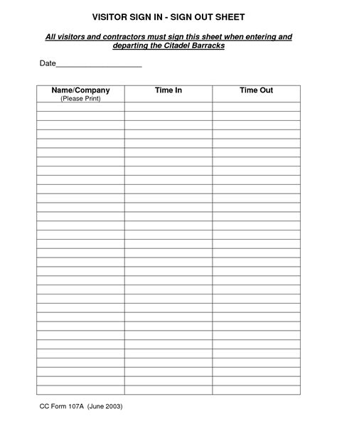 Printable Sign Out Sheet Template