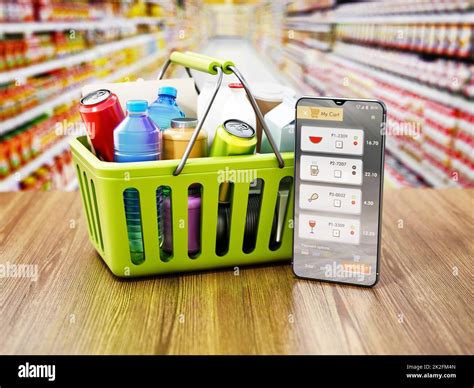 Shopping Basket And Smartphone Standing On Supermarket Counter Online