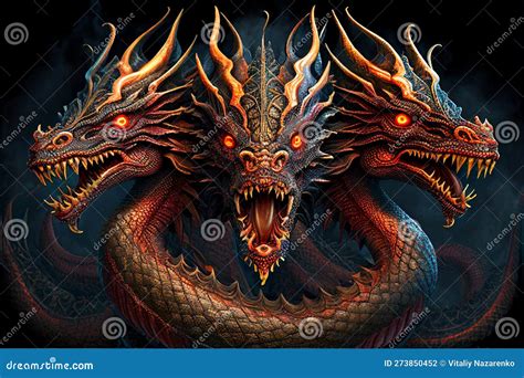 Fire Breathing Dragon With Three Heads Ai Generated Stock