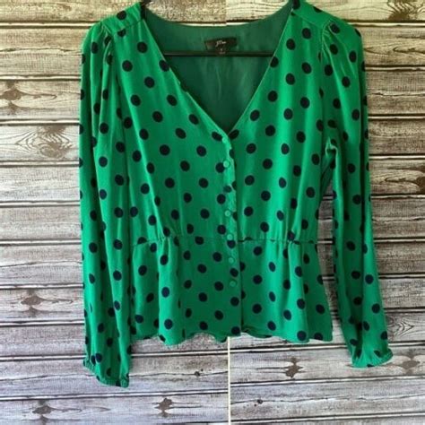 J Crew Womens Long Sleeved Blouse Size 2 Green Blue Polka Dot V Neck