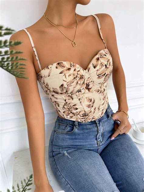 SHEIN Privé Top de tirantes corto con estampado floral de espalda con