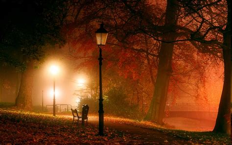 Nature Landscape Park Lantern Trees Night Mist Bench Bridge