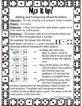 Mixed Numbers Adding and Subtracting Dice Game by Katie Christiansen