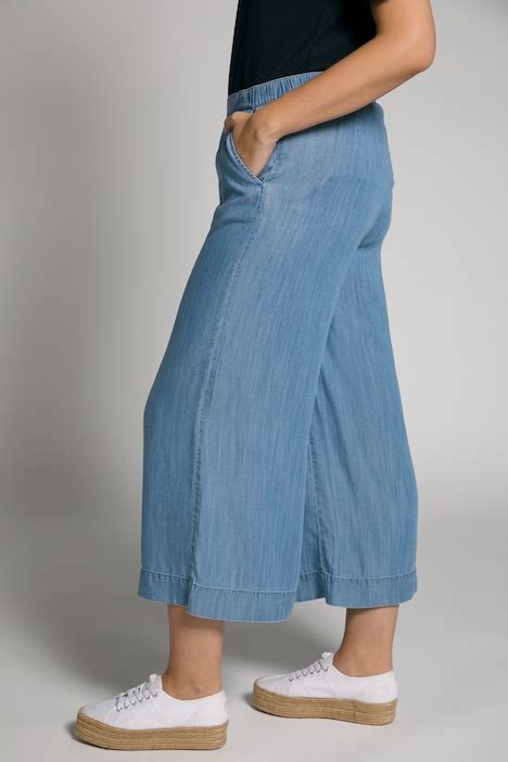 Denim Look Lyocell Elastic Waist Wide Leg Mary Fit Culottes Light Blue