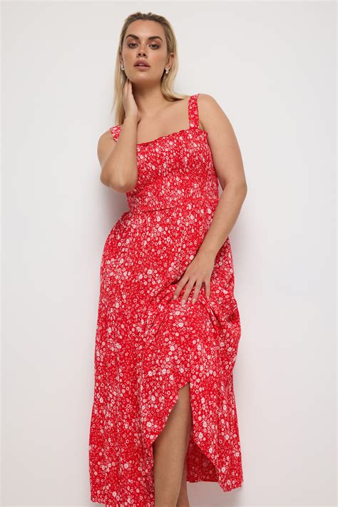 Yours Plus Size Red Ditsy Floral Print Shirred Maxi Dress Yours Clothing