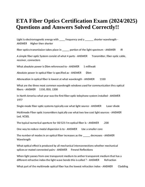 ETA Fiber Optics Certification Exam 2024 2025 Questions And Answers