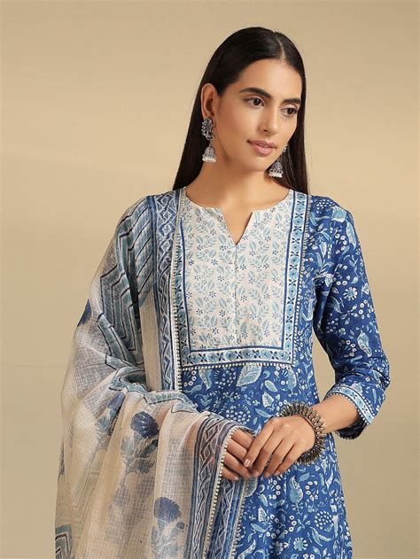 Buy Blue White Hand Block Printed Cotton Suit Set Of 3 M181239