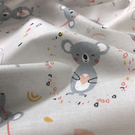 Coton imprimé Koala Love Fond gris Oekotex Mercerine