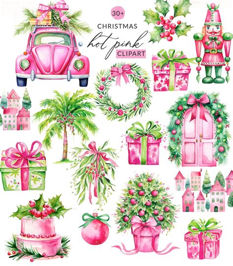 Hot Pink Christmas Clipart Pink Watercolor Christmas Clipart Pink Christmas Clip Art Preppy