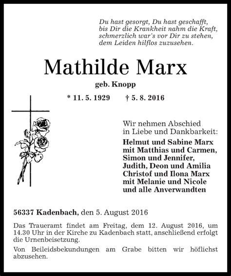 Traueranzeigen Von Mathilde Marx Rz Trauer De