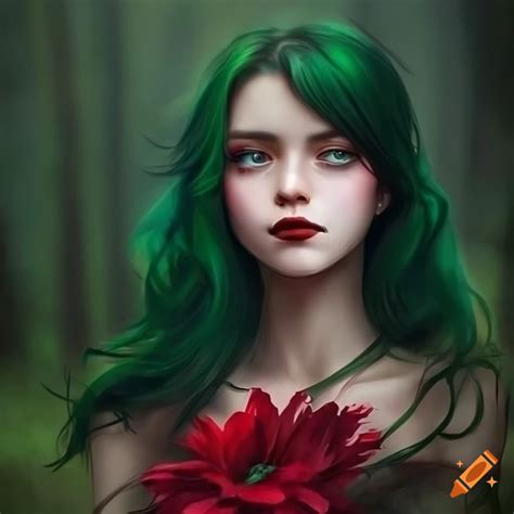 Portrait Of A Girl With Green Hair And A Red Flower In Her Hair On Craiyon