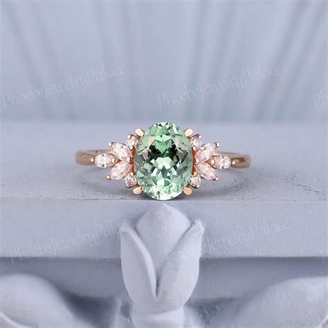 Delicate Green Sapphire Engagement Ring Oval Mint Sapphire Diamond