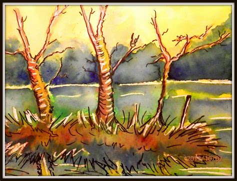 Trees On The Water In Reflection In Watercolor And Brusho Art