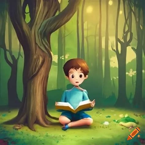 Ni O Leyendo Un Cuento En Un Bosque Encantado