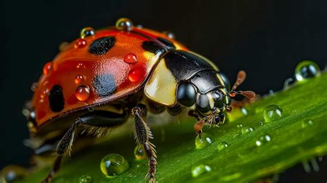 Premium Ai Image Ladybug In Dew Drops On Leaf Closeup Idea Of Macro