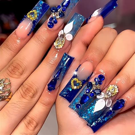 Qqppoliu Royal Blue Press On Nails Long Length Square Shape